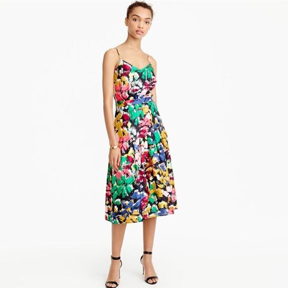 J. Crew Silk Dress Womens 12 Multicolor Watercolor Brushstroke Print Midi Artsy - Picture 1 of 10